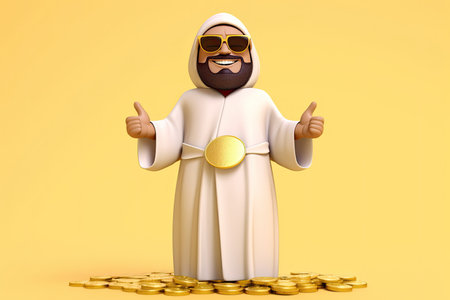 3D Saudi Arab Man Character Thobe with Gold Coins and Money, Generative AIの素材