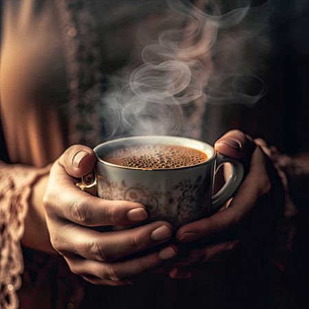Close-up hands holding hot cup of coffee, Generative AIの素材