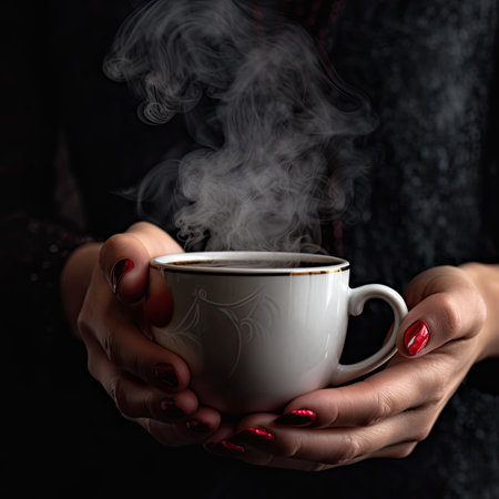 Close-up hands holding hot cup of coffee, Generative AIの素材