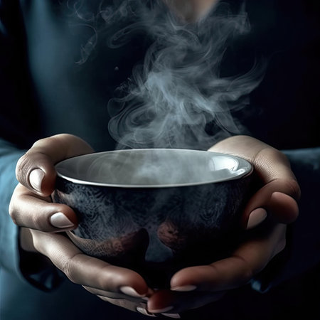 Close-up hands holding hot cup of coffee, Generative AIの素材