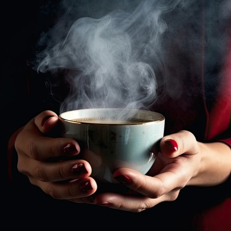 Close-up hands holding hot cup of coffee, Generative AIの素材