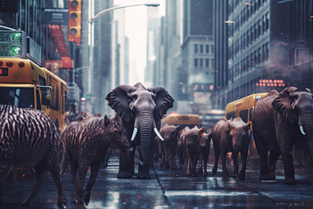 Closeup Retro wild Animals in City on Roads of NYC, Generative AIの素材