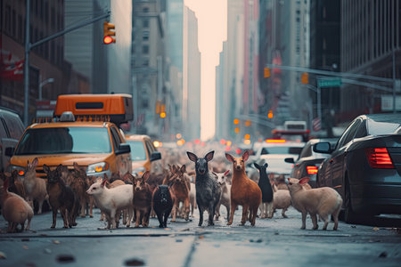 Closeup Retro wild Animals in City on Roads of NYC, Generative AIの素材