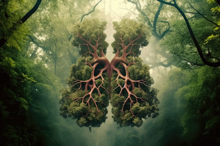 Forest trees in shape of Lungs Pair, Climate Change Concept art, Gnerative AIの素材