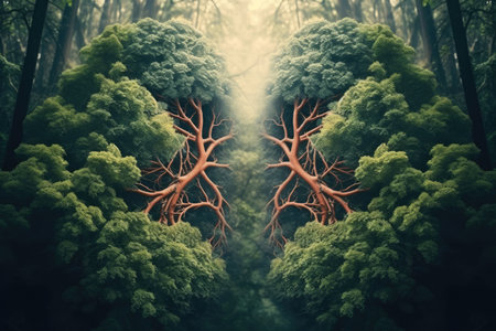 Forest trees in shape of Lungs Pair, Climate Change Concept art, Gnerative AIの素材