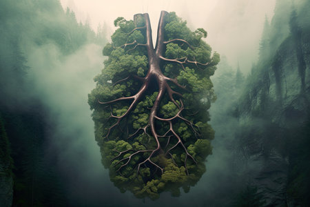 Forest trees in shape of Lungs Pair, Climate Change Concept art, Gnerative AIの素材