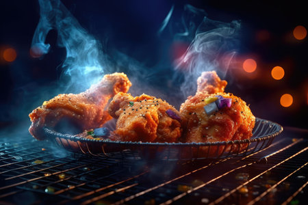 Flying elements of fried chicken with tomatoes and parsley, Generative AIの素材