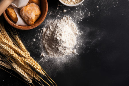 Grain sprinkled flour sits on a table next to a bowl of wheat and a bowl of oatsの素材