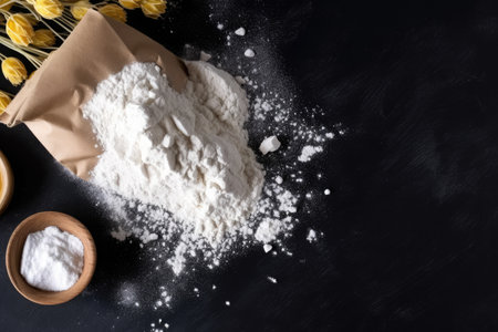 Grain sprinkled flour sits on a table next to a bowl of wheat and a bowl of oatsの素材