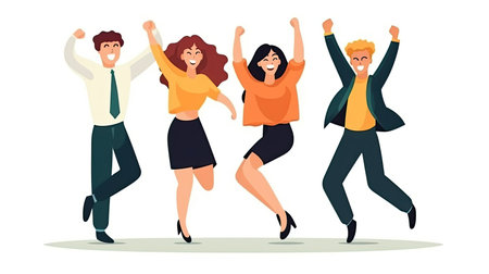 Happy smiling people jumping at work winning party Flat vector illustration daily activities working AI Generatedの素材
