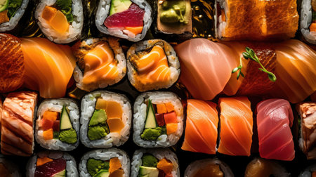 A closeup magazine quality shot of freshly made sushi rolls, AI Generatedの素材