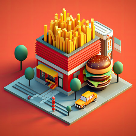 isometric fastfood building, Generative AIの素材