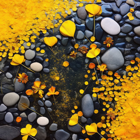 Mustard flowers, pebbles, modern, vibrant background AI Generatedの素材