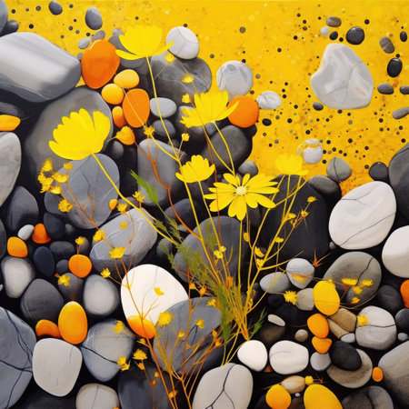 Mustard flowers, pebbles, modern, vibrant background AI Generatedの素材