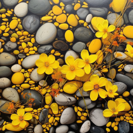 Mustard flowers, pebbles, modern, vibrant background AI Generatedの素材