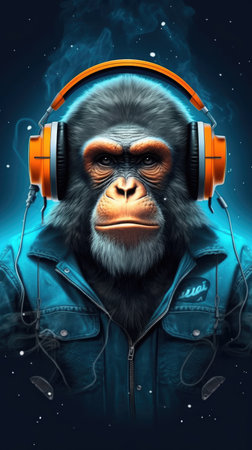 Monkey in style of nothing see nothing hear nothing speak wearing headphones listening rap, gangsta AI Generatedの素材