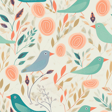 Nature Serenade A calming and soothing pattern with elements like birds, leaves, and soft colors vector art AI Generatedの素材