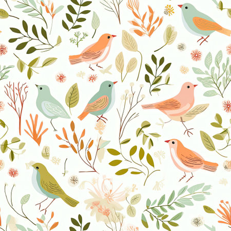 Nature Serenade A calming and soothing pattern with elements like birds, leaves, and soft colors vector art AI Generatedの素材
