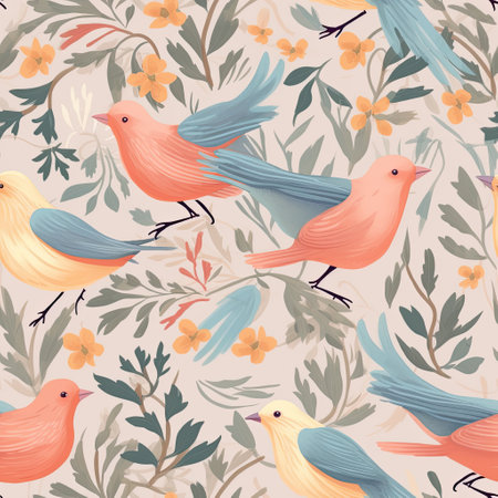 Nature Serenade A calming and soothing pattern with elements like birds, leaves, and soft colors vector art AI Generatedの素材