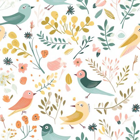 Nature Serenade A calming and soothing pattern with elements like birds, leaves, and soft colors vector art AI Generatedの素材