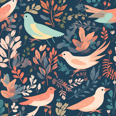 Nature Serenade A calming and soothing pattern with elements like birds, leaves, and soft colors vector art AI Generatedの素材