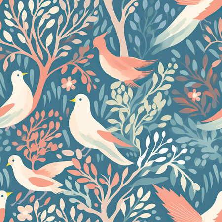 Nature Serenade A calming and soothing pattern with elements like birds, leaves, and soft colors vector art AI Generatedの素材