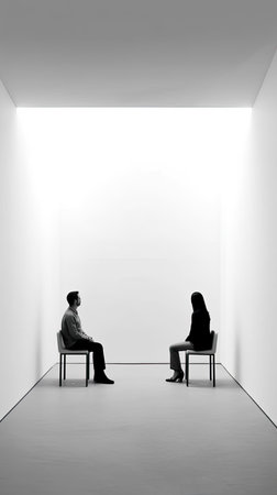 Painting of two people sitting in the middle of a line, Generative AIの素材