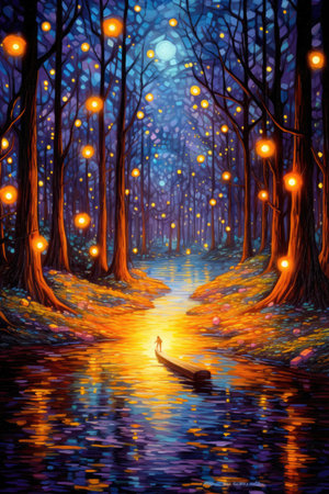 Painting of a pond in a mystical forest filled with lanterns and fireflies, AI Generatedの素材