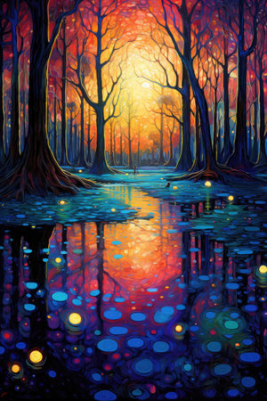 Painting of a pond in a mystical forest filled with lanterns and fireflies, AI Generatedの素材