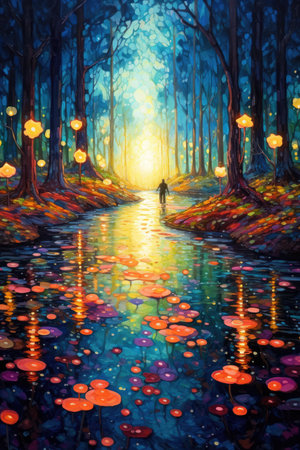 Painting of a pond in a mystical forest filled with lanterns and fireflies, AI Generatedの素材