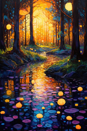 Painting of a pond in a mystical forest filled with lanterns and fireflies, AI Generatedの素材