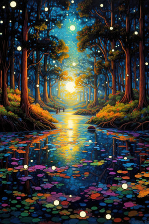 Painting of a pond in a mystical forest filled with lanterns and fireflies, AI Generatedの素材