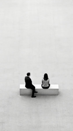 Painting of two people sitting in the middle of a line, Generative AIの素材