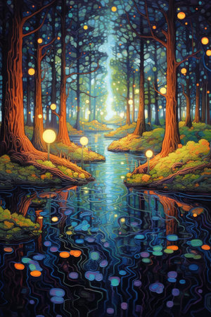 Painting of a pond in a mystical forest filled with lanterns and fireflies, AI Generatedの素材