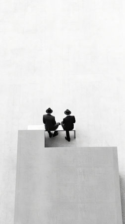 Painting of two people sitting in the middle of a line, Generative AIの素材