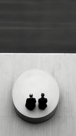 Painting of two people sitting in the middle of a line, Generative AIの素材