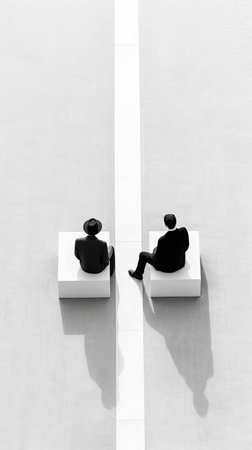 Painting of two people sitting in the middle of a line, Generative AIの素材