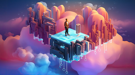 Ontology network with a picture of a man standing behind, Generative AIの素材