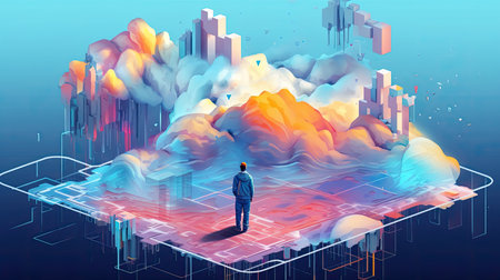 Ontology network with a picture of a man standing behind, Generative AIの素材