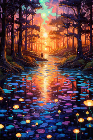 Painting of a pond in a mystical forest filled with lanterns and fireflies, AI Generatedの素材