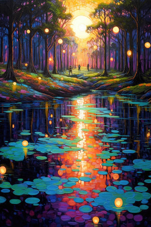 Painting of a pond in a mystical forest filled with lanterns and fireflies, AI Generatedの素材