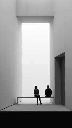 Painting of two people sitting in the middle of a line, Generative AIの素材