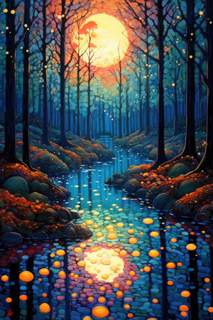 Painting of a pond in a mystical forest filled with lanterns and fireflies, AI Generatedの素材