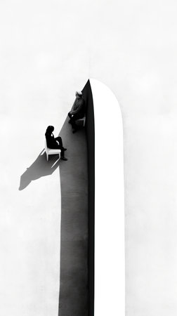 Painting of two people sitting in the middle of a line, Generative AIの素材