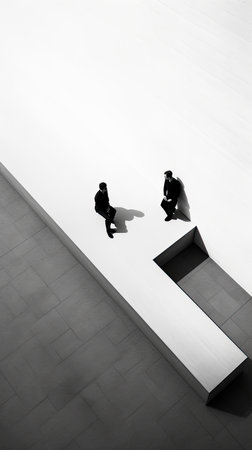 Painting of two people sitting in the middle of a line, Generative AIの素材