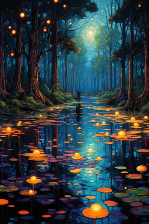 Painting of a pond in a mystical forest filled with lanterns and fireflies, AI Generatedの素材