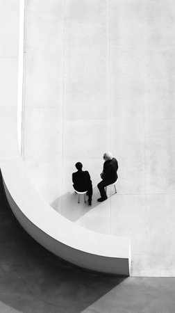 Painting of two people sitting in the middle of a line, Generative AIの素材