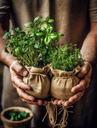 Person Holding a pot of herbs, Sustainability Generative AIの素材