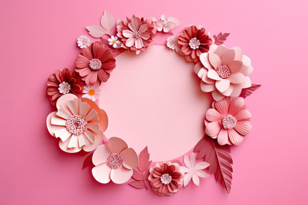 Pink paper flowers on a pink backgroundの素材