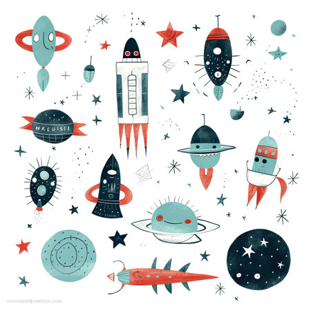 Set of stars and space ship, clip art emblem dark colors AI Generatedの素材